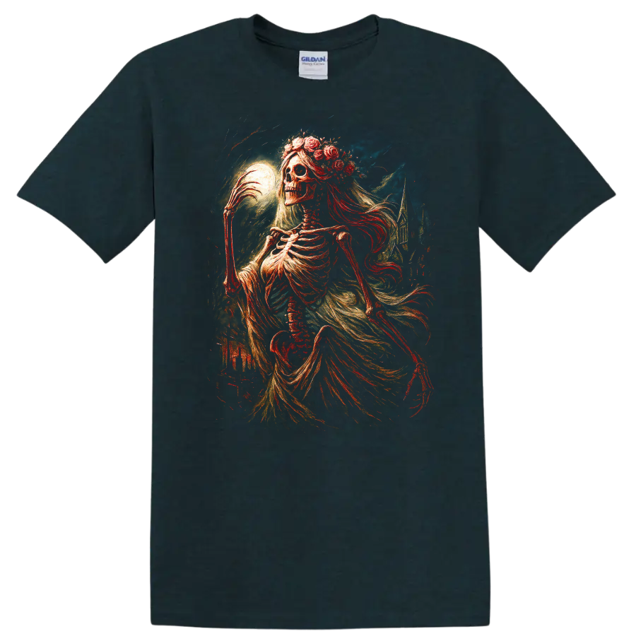 Moonlit floral skeleton in ornate vintage gothic art with flowing drapery on a Midnight (Green) T Shirt