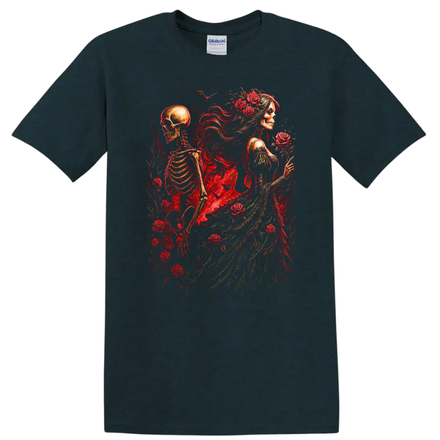 Vintage gothic skeletal woman and skeleton surrounded by red roses on a Midnight (Green) T Shirt