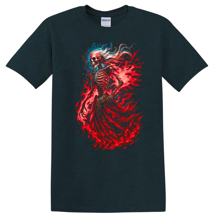 Flaming skeleton spirit with red spectral energy in detailed gothic fantasy art on a Midnight (Green) T Shirt