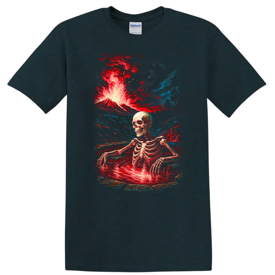 Vintage gothic skeleton standing in a lava pool beneath an erupting volcano on a Midnight (Green) T Shirt