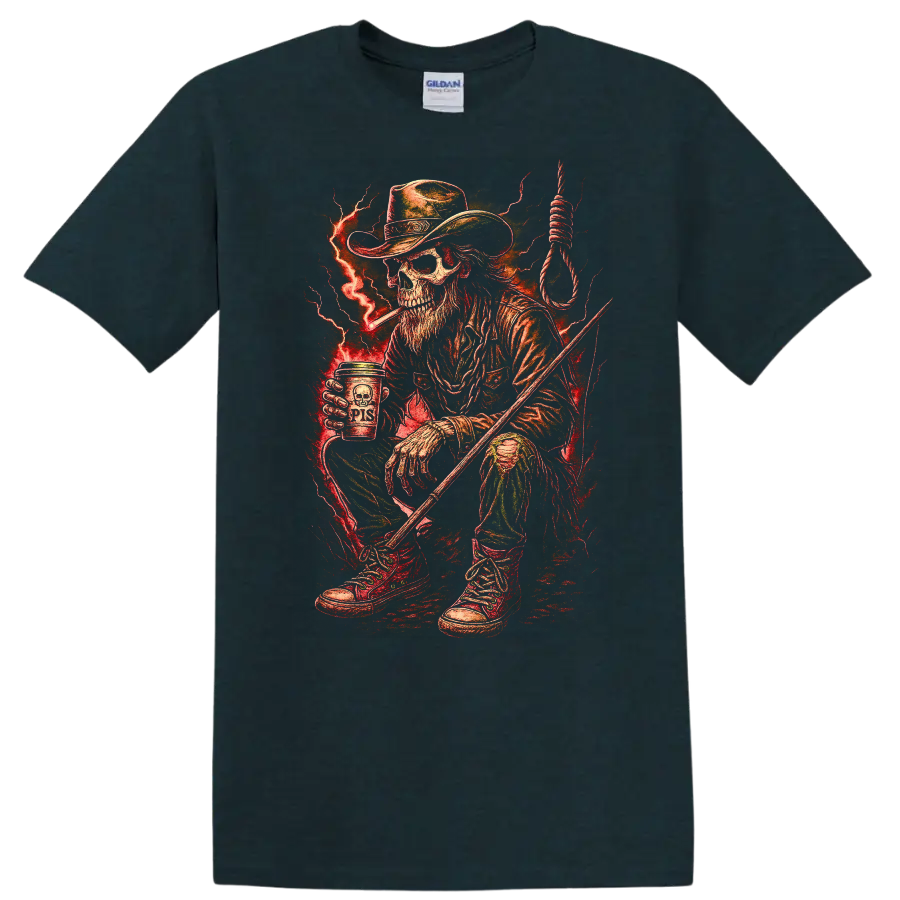 Vintage Gothic skeleton cowboy with red lightning, noose, boots, and rugged Western art on a Midnight (Green) T Shirt