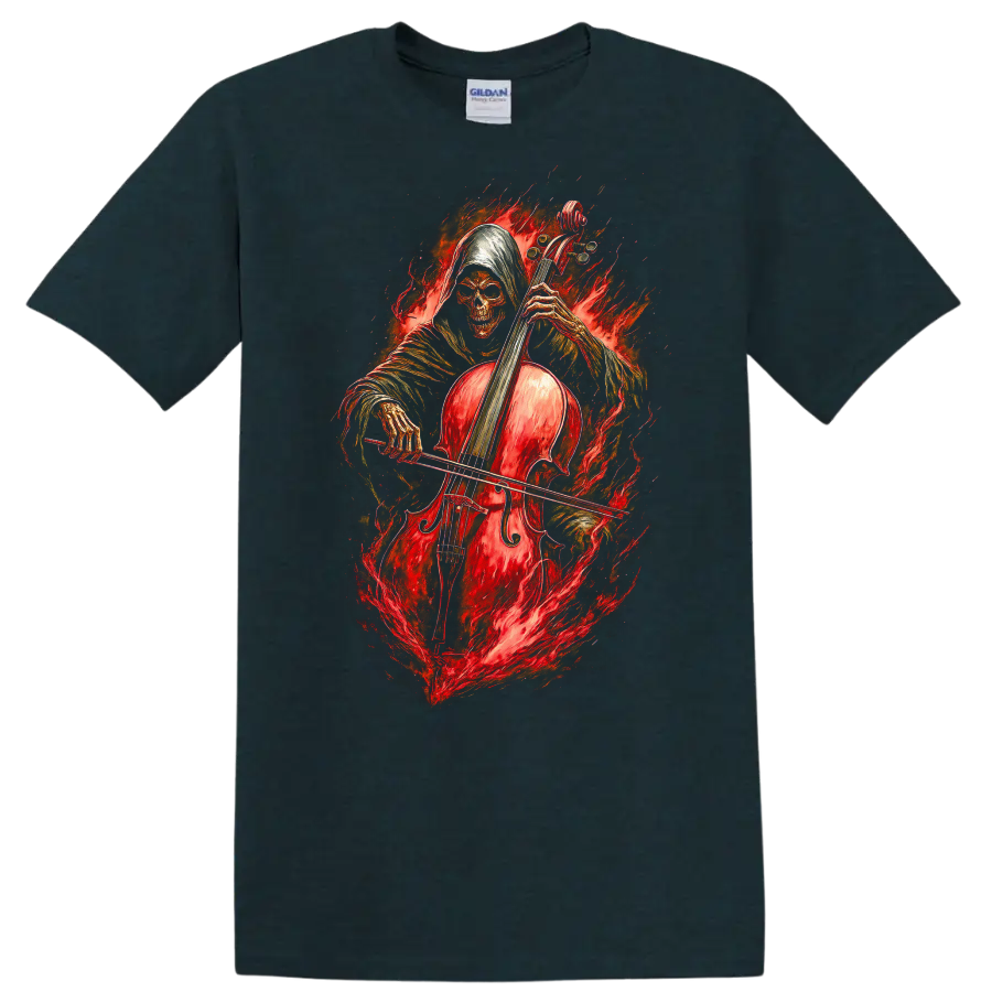 Hooded skeleton cellist with a red cello surrounded by fiery gothic artwork on a Midnight (Green) T Shirt