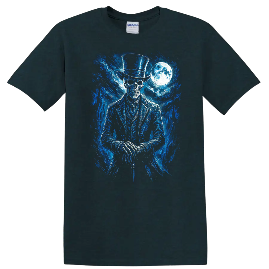 Moonlit gothic skeleton in top hat with blue spectral art and full moon on a Midnight (Green) T Shirt