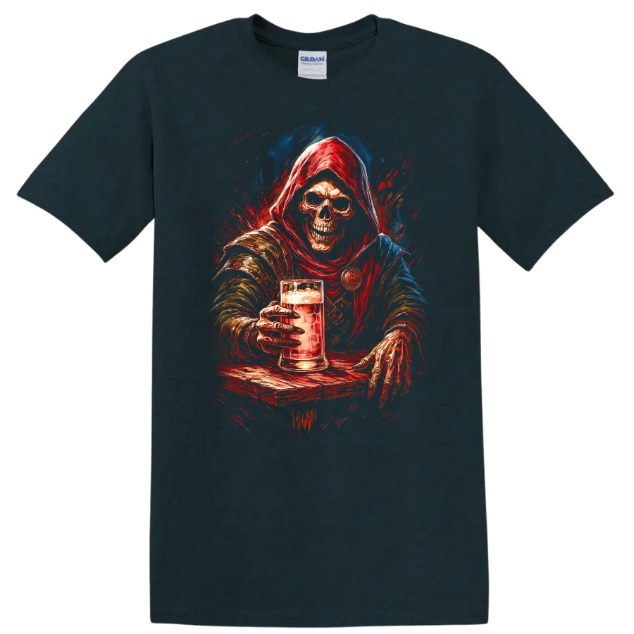 Hooded skeleton holding a beer mug in distressed red and blue gothic art on a Midnight (Green) T Shirt