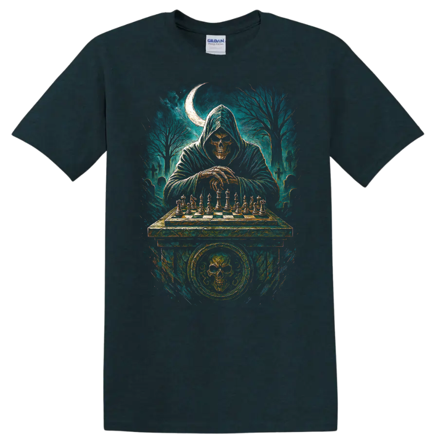 Hooded skull playing chess in a moonlit graveyard gothic illustration on a Midnight (Green) T Shirt