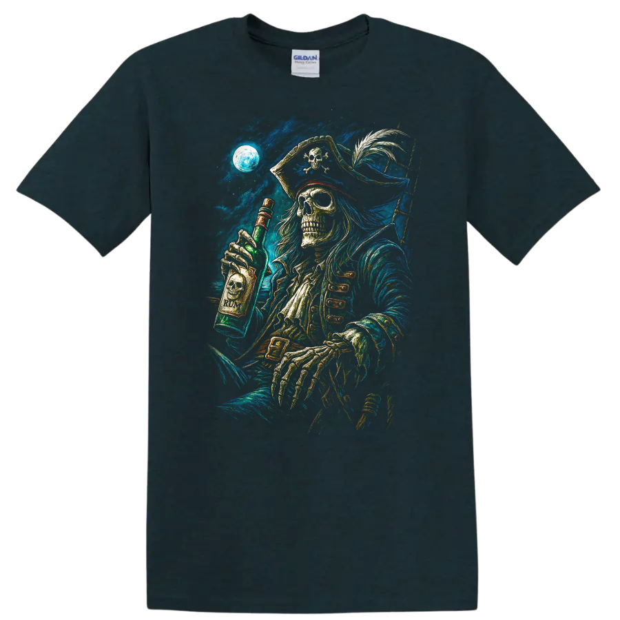 Moonlit skeletal pirate holding a rum bottle in detailed vintage gothic sea art on a Midnight (Green) T Shirt