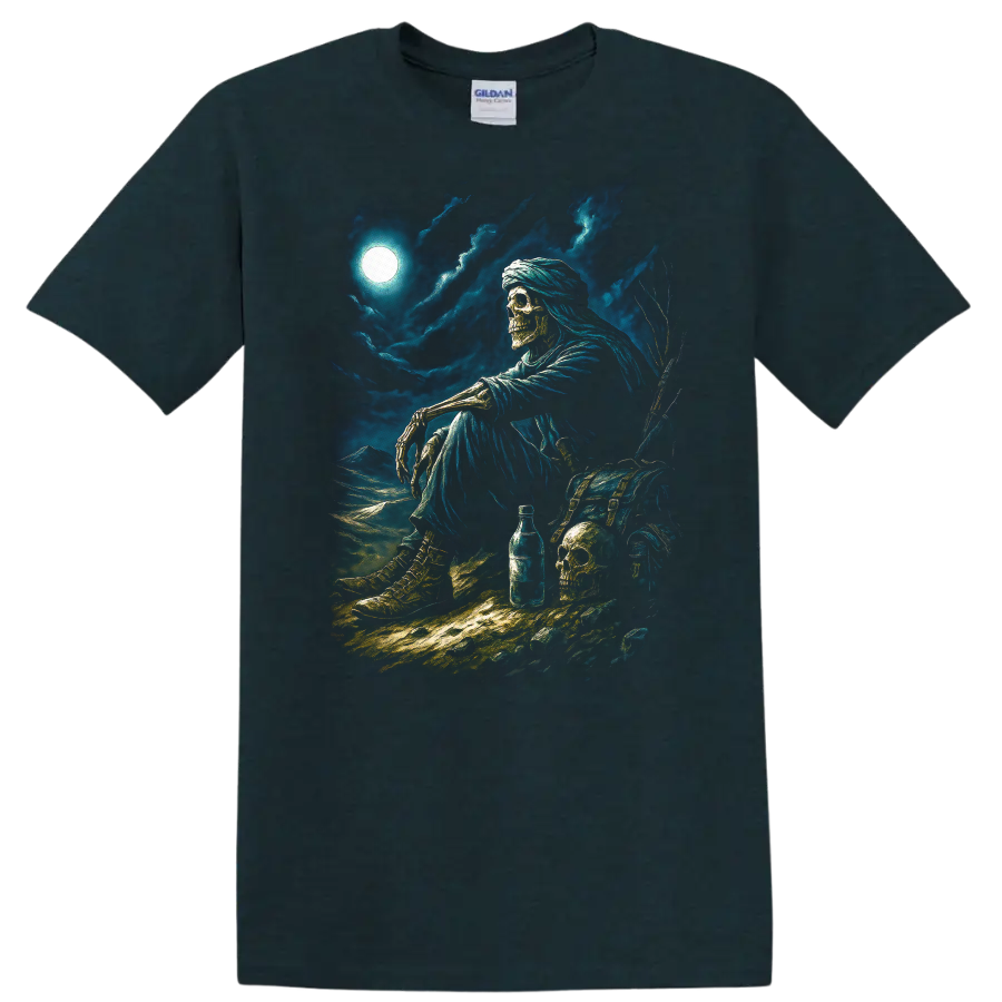 Moonlit skeleton wanderer with skulls, chest, and stormy gothic nightscape on a Midnight (Green) T Shirt