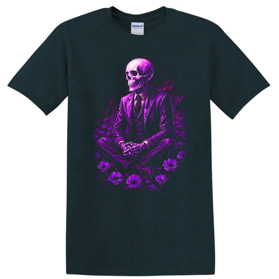 Purple skeleton in suit surrounded by flowers in vintage gothic illustration on a Midnight (Green) T Shirt