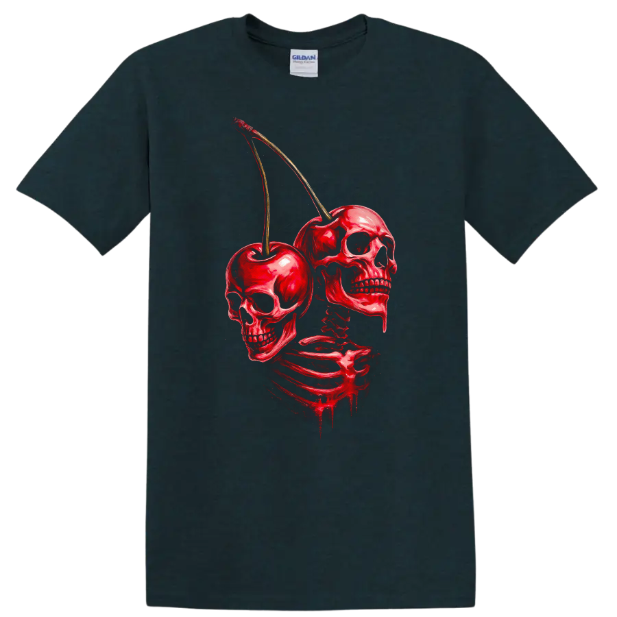 Red skeleton with skulls and cherries in a distressed vintage gothic illustration on a Midnight (Green) T Shirt
