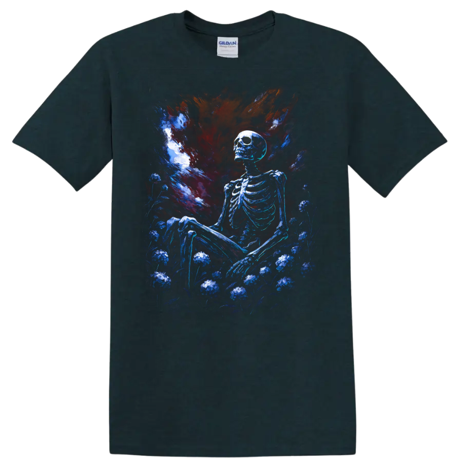 Blue skeleton seated in a dark floral garden beneath a dramatic gothic painted sky on a Midnight (Green) T Shirt