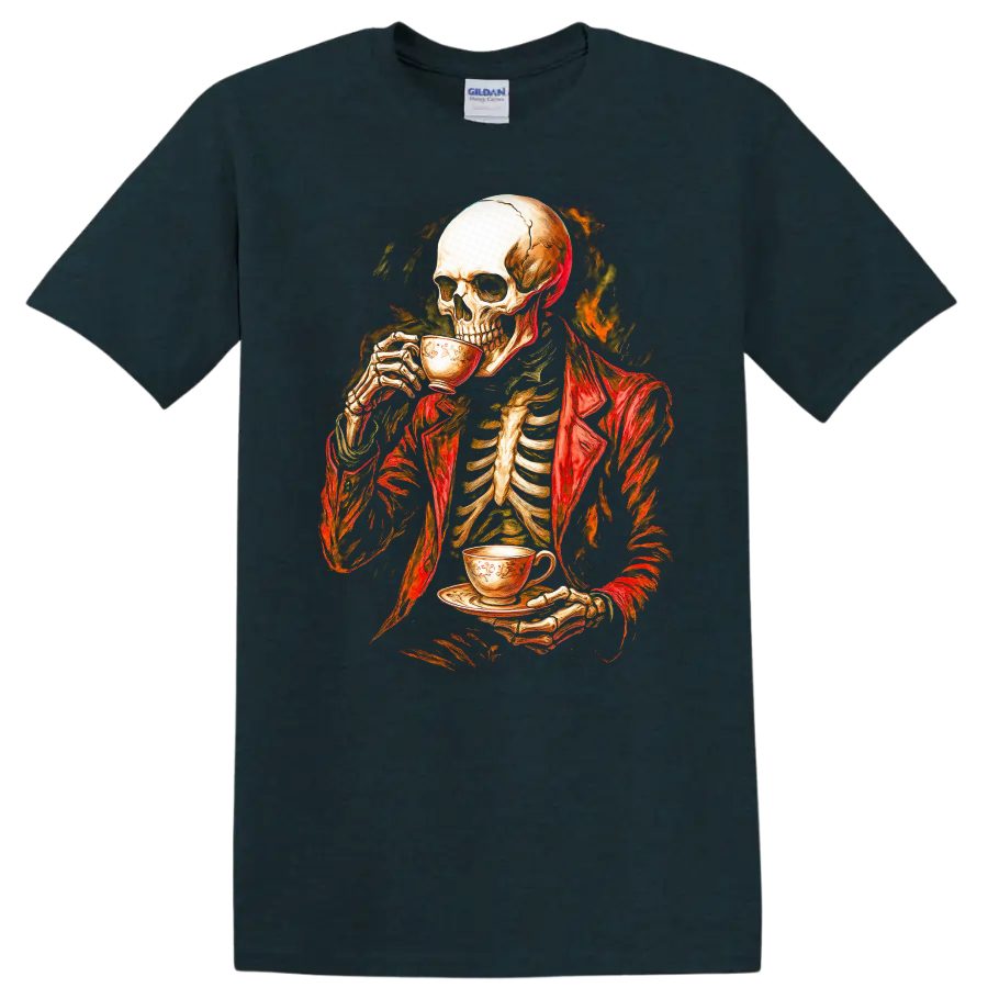 Vintage gothic skeleton in a red jacket drinking tea with a fiery dark backdrop on a Midnight (Green) T Shirt