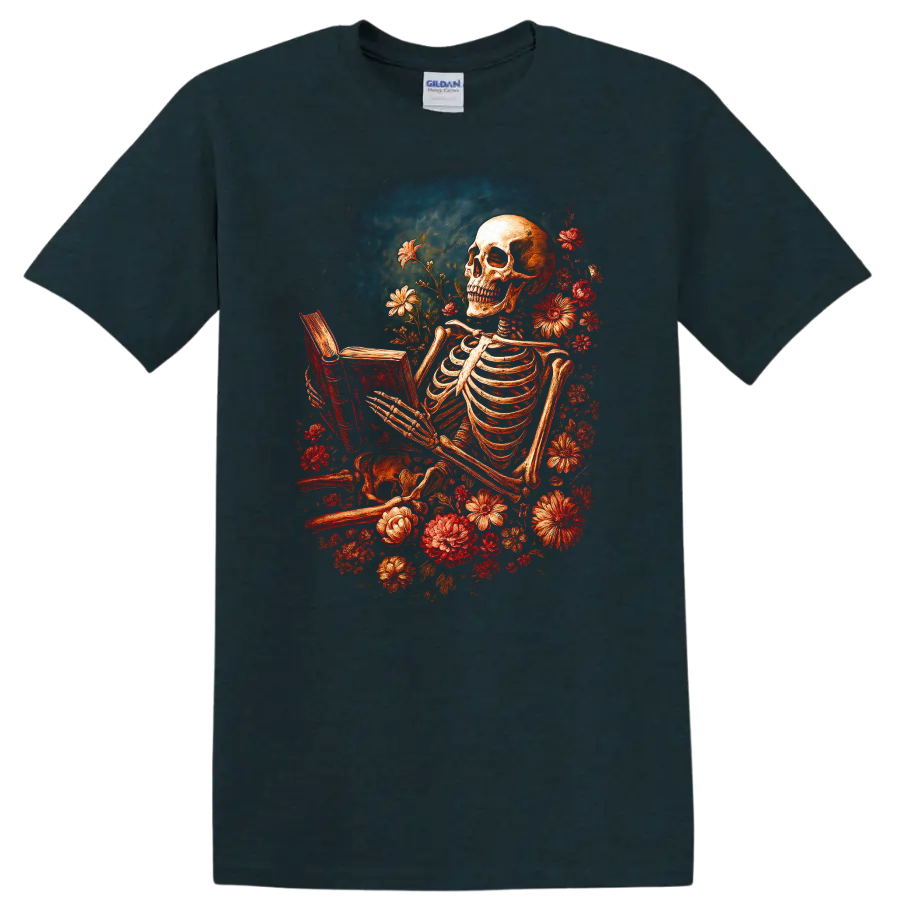 Vintage gothic skeleton reading a book surrounded by red flowers on a Midnight (Green) T Shirt