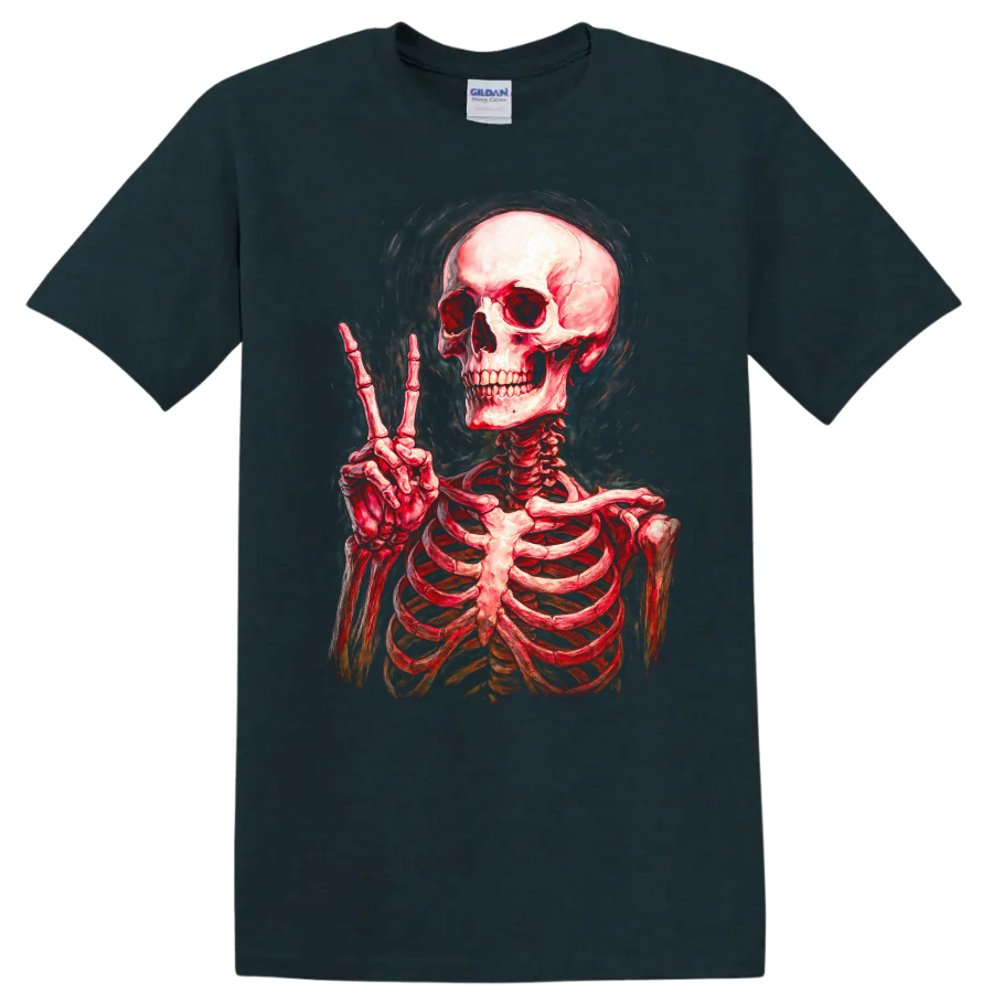 Vintage red skeleton skull making a peace sign in smoky gothic illustration style on a Midnight (Green) T Shirt