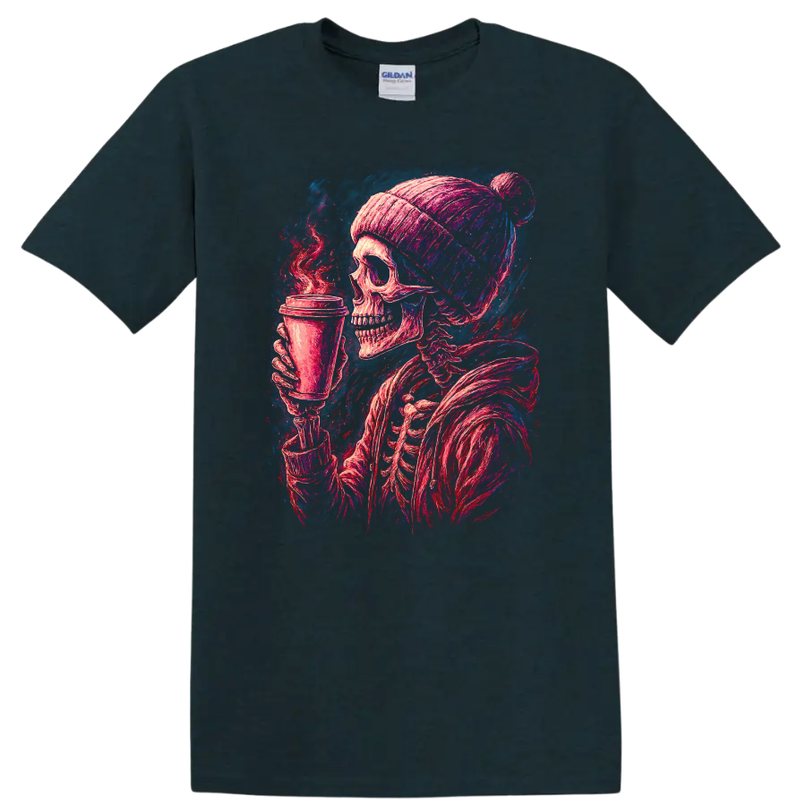 Vintage gothic skeleton in a beanie holding a steaming coffee cup on a Midnight (Green) T Shirt