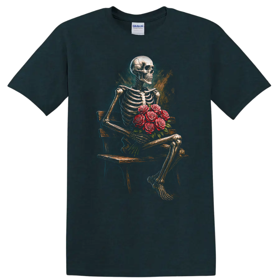 Vintage gothic skeleton holding red roses on a bench in distressed floral art on a Midnight (Green) T Shirt
