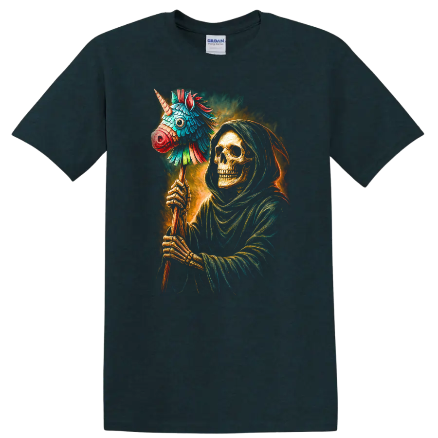 Hooded skeleton holding a colorful unicorn piñata in a vivid gothic illustration on a Midnight (Green) T Shirt