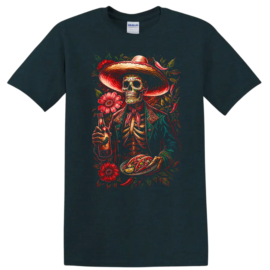 Vintage gothic skeleton in sombrero with tacos, bottle, and red flowers on a Midnight (Green) T Shirt