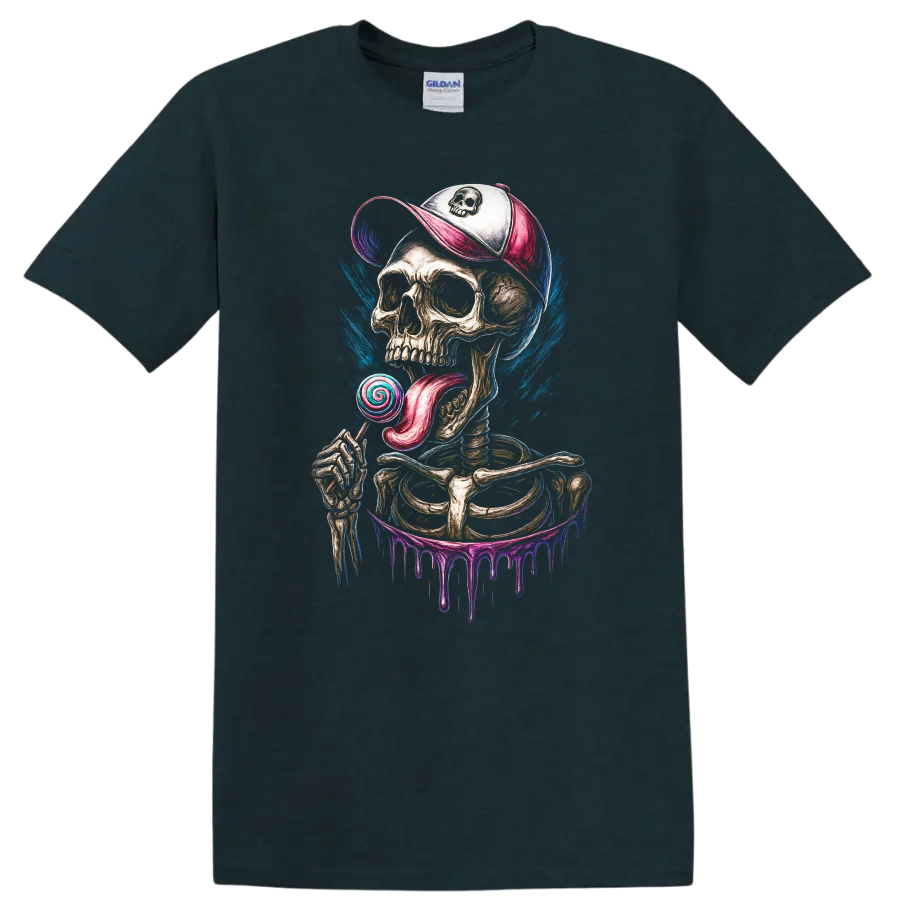 Gothic skeleton skull in cap licking a spiral lollipop with colorful paint drips on a Midnight (Green) T Shirt