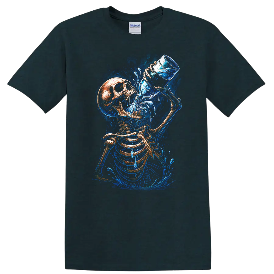 Vintage gothic skeleton drinking water with vivid blue splashes and skull art on a Midnight (Green) T Shirt