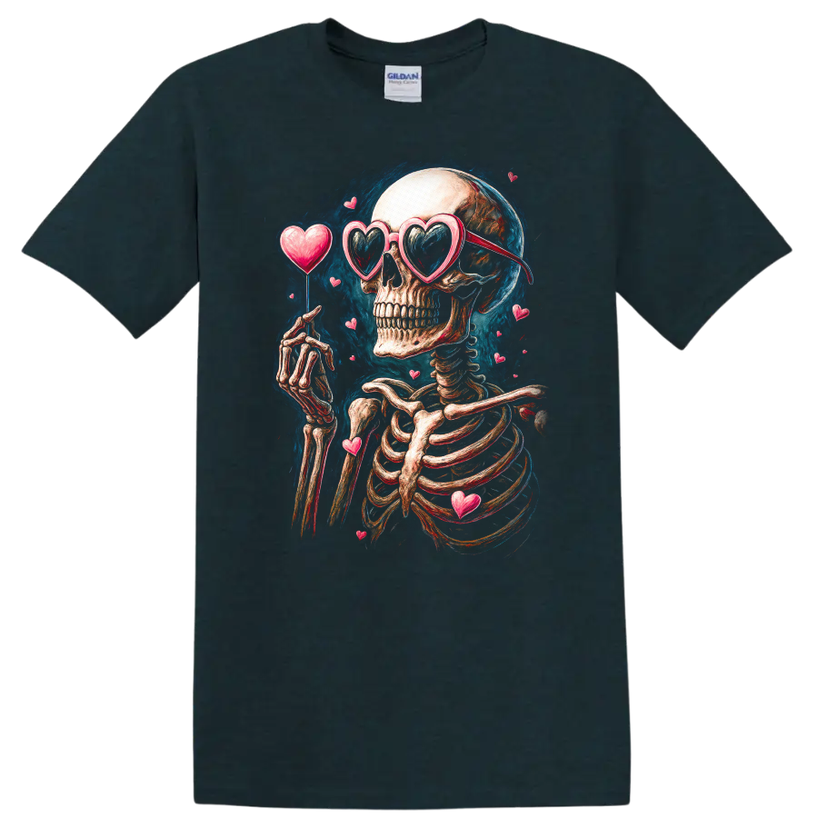 Vintage gothic skeleton in heart sunglasses surrounded by floating hearts on a Midnight (Green) T Shirt