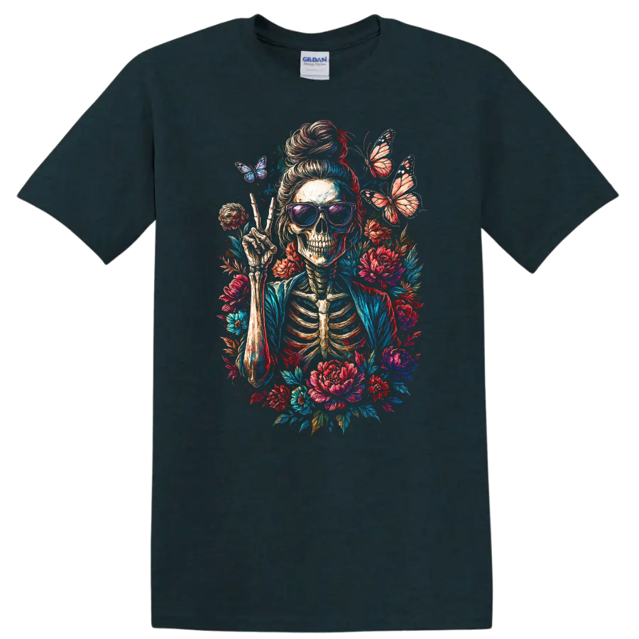 Vintage skeleton in sunglasses making a peace sign with flowers and butterflies on a Midnight (Green) T Shirt