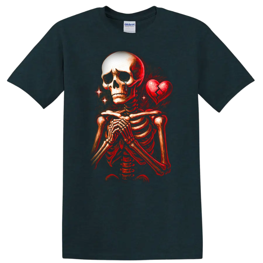 Crying skeleton with clasped hands and cracked heart in vintage gothic art on a Midnight (Green) T Shirt