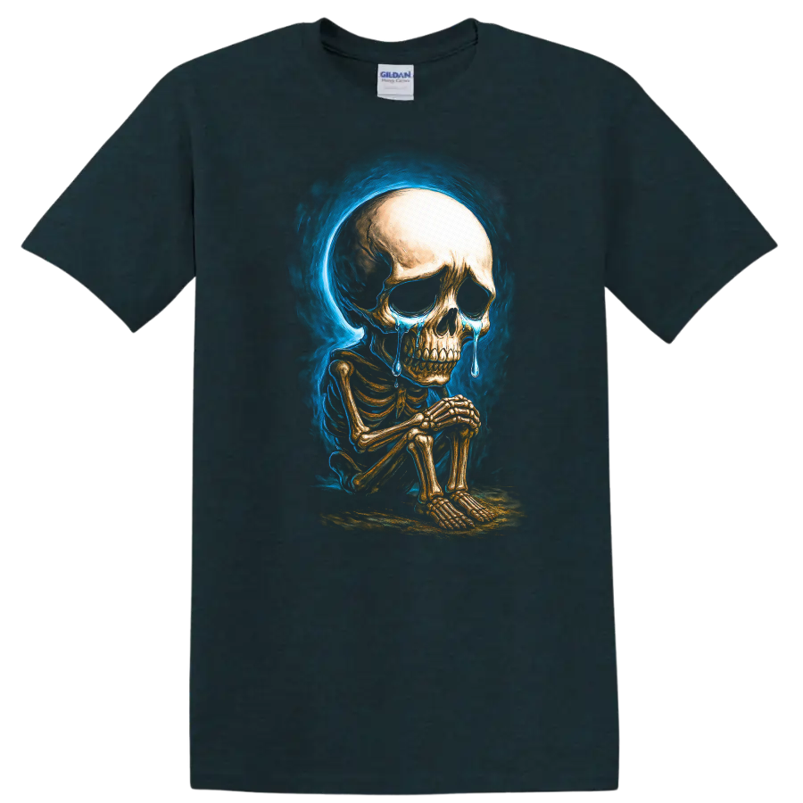 Crying seated skeleton with blue tears and smoky gothic skull artwork on a Midnight (Green) T Shirt