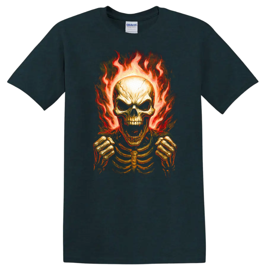 Vintage gothic flaming skeleton skull with rib cage and clenched hands on a Midnight (Green) T Shirt