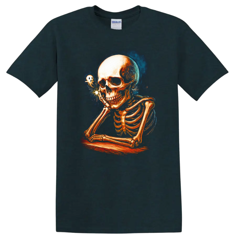 Contemplative skeleton with a tiny ghost in vintage Gothic illustration on a Midnight (Green) T Shirt