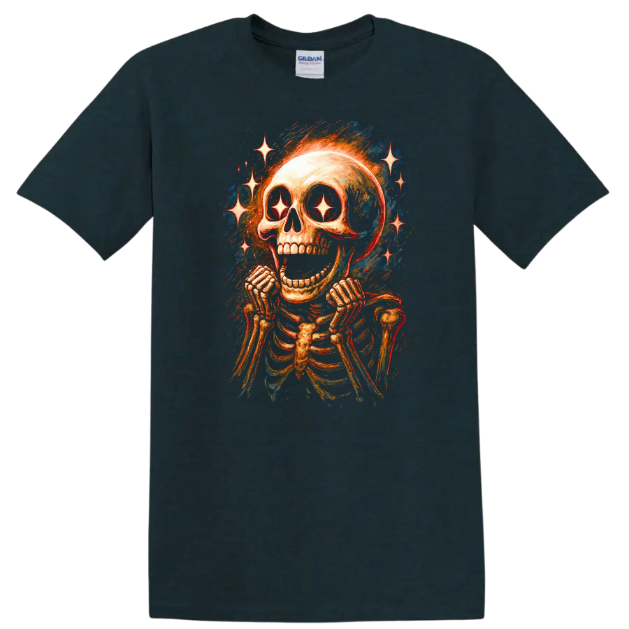 Vintage gothic grinning skeleton skull with sparkling star eyes and radiant stars on a Midnight (Green) T Shirt