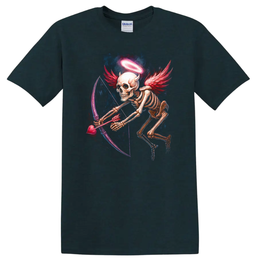 Winged skeleton archer with halo, red wings, and heart-shaped bow in gothic art on a Midnight (Green) T Shirt