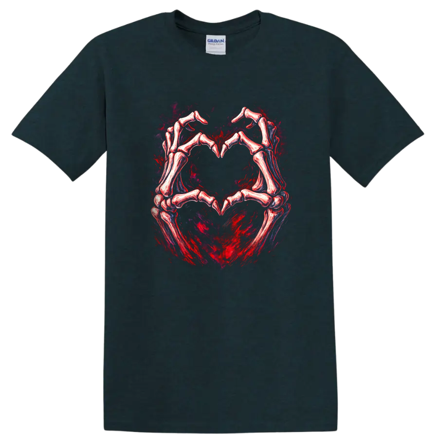 Skeletal hands forming a heart in distressed red and black gothic art on a Midnight (Green) T Shirt