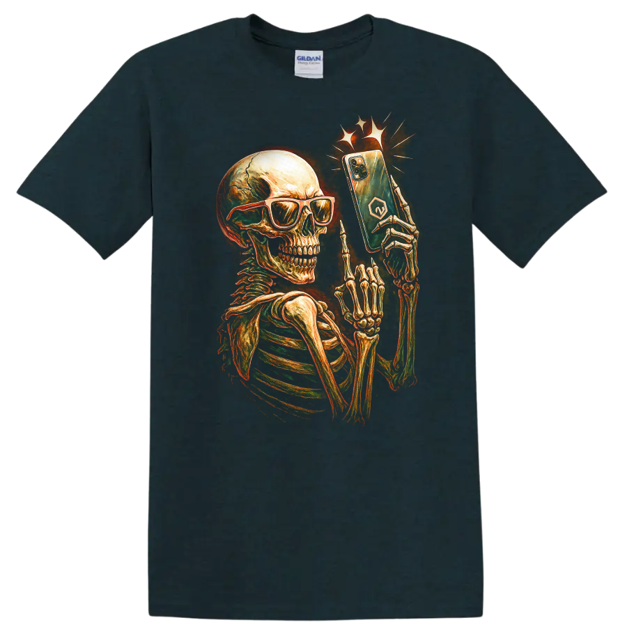 Vintage skeleton in sunglasses holding a smartphone gothic graphic print on a Midnight (Green) T Shirt