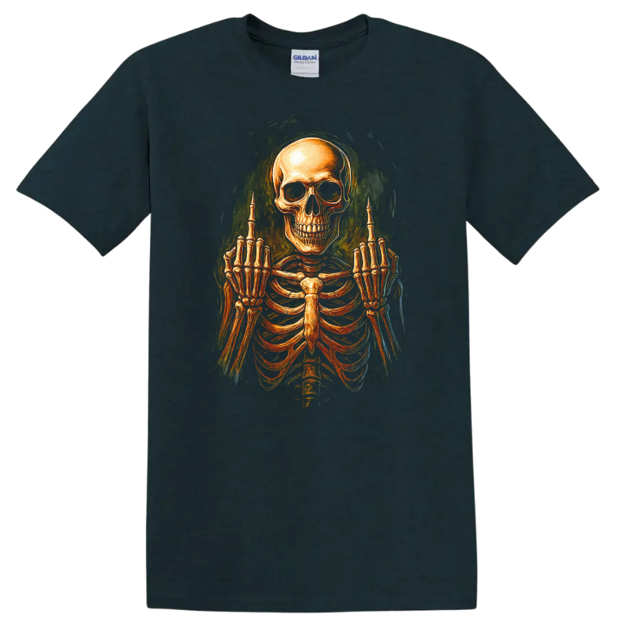 Vintage gothic skeleton skull and rib cage graphic with raised middle-finger hands on a Midnight (Green) T Shirt