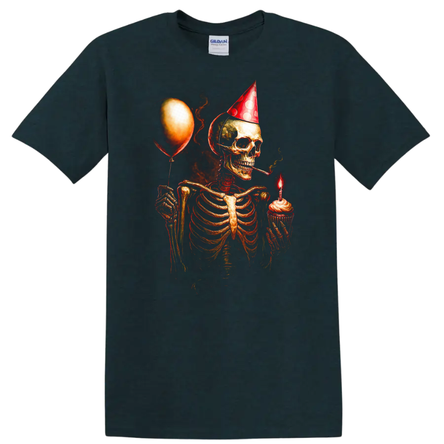 Vintage gothic skeleton in party hat holding a cupcake candle and balloon on a Midnight (Green) T Shirt