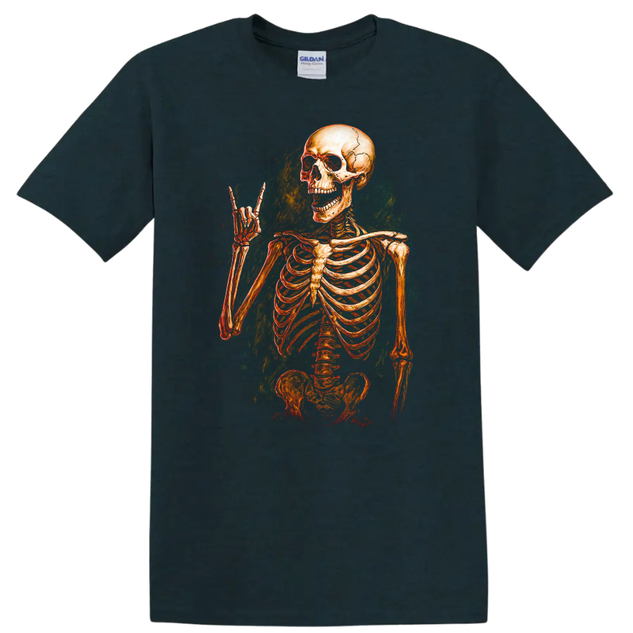 Vintage grinning skeleton raising a horn hand in distressed gothic illustration on a Midnight (Green) T Shirt