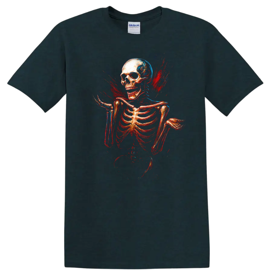 Vintage skull and skeleton graphic with red and blue gothic splatter on a Midnight (Green) T Shirt