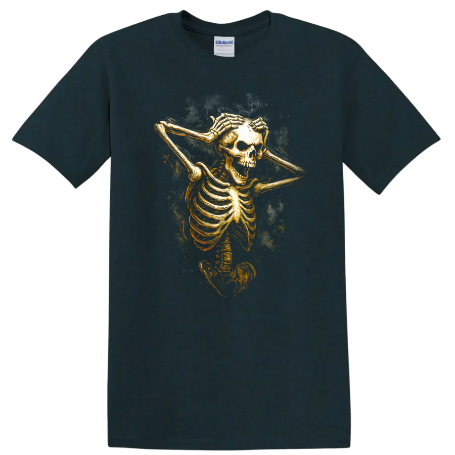 Vintage gothic skeleton skull illustration with hands framing its face on a Midnight (Green) T Shirt