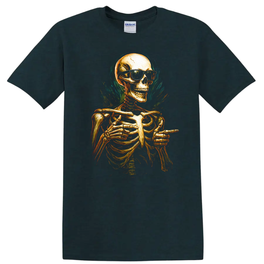 Vintage gothic skeleton in sunglasses pointing, with smoky teal flame-like artwork on a Midnight (Green) T Shirt