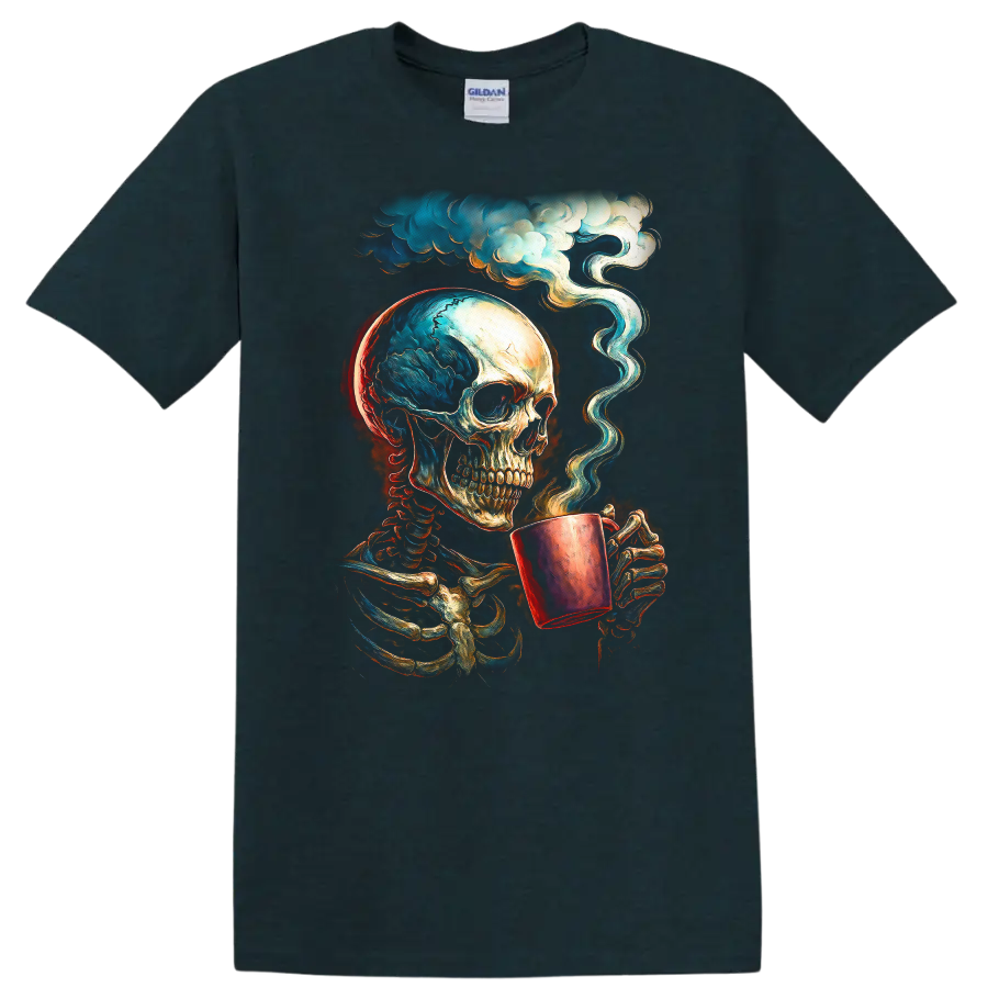 Vintage gothic skeleton skull holding a steaming cup beneath swirling clouds on a Midnight (Green) T Shirt