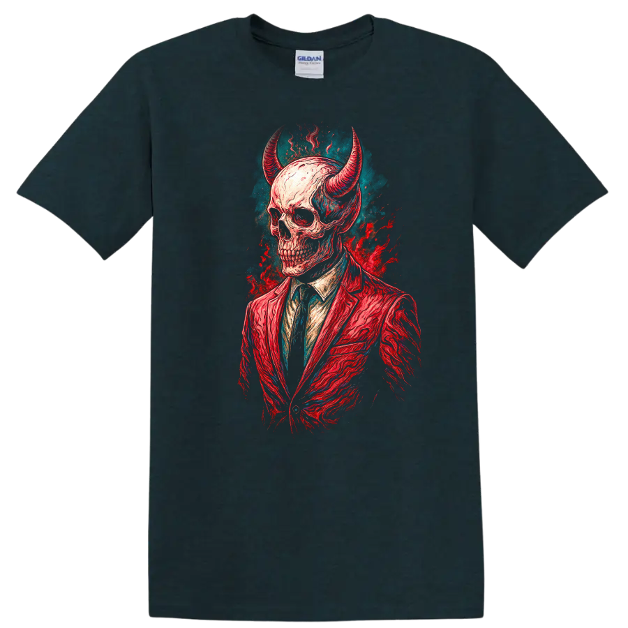 Horned skull in red suit, vintage gothic illustration with teal and red splashes on a Midnight (Green) T Shirt