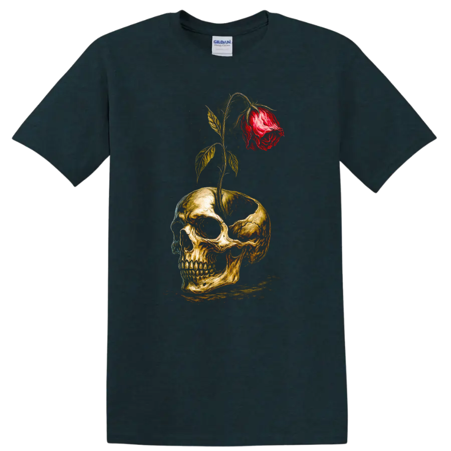 Vintage gothic skull graphic with a red rose growing through the top on a Midnight (Green) T Shirt