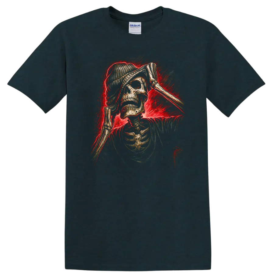 Vintage gothic skeleton skull in beanie with bony hands and red smoky glow on a Midnight (Green) T Shirt