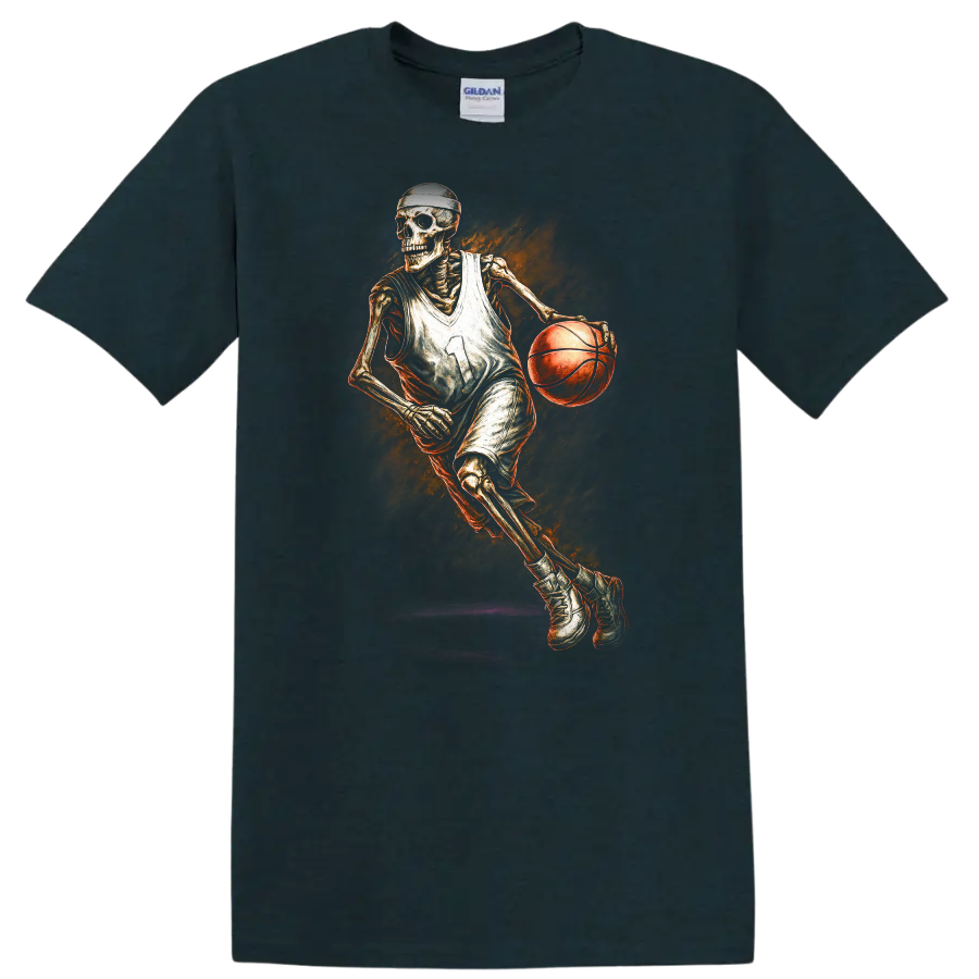 Vintage gothic skeleton basketball player dribbling with fiery orange artwork on a Midnight (Green) T Shirt