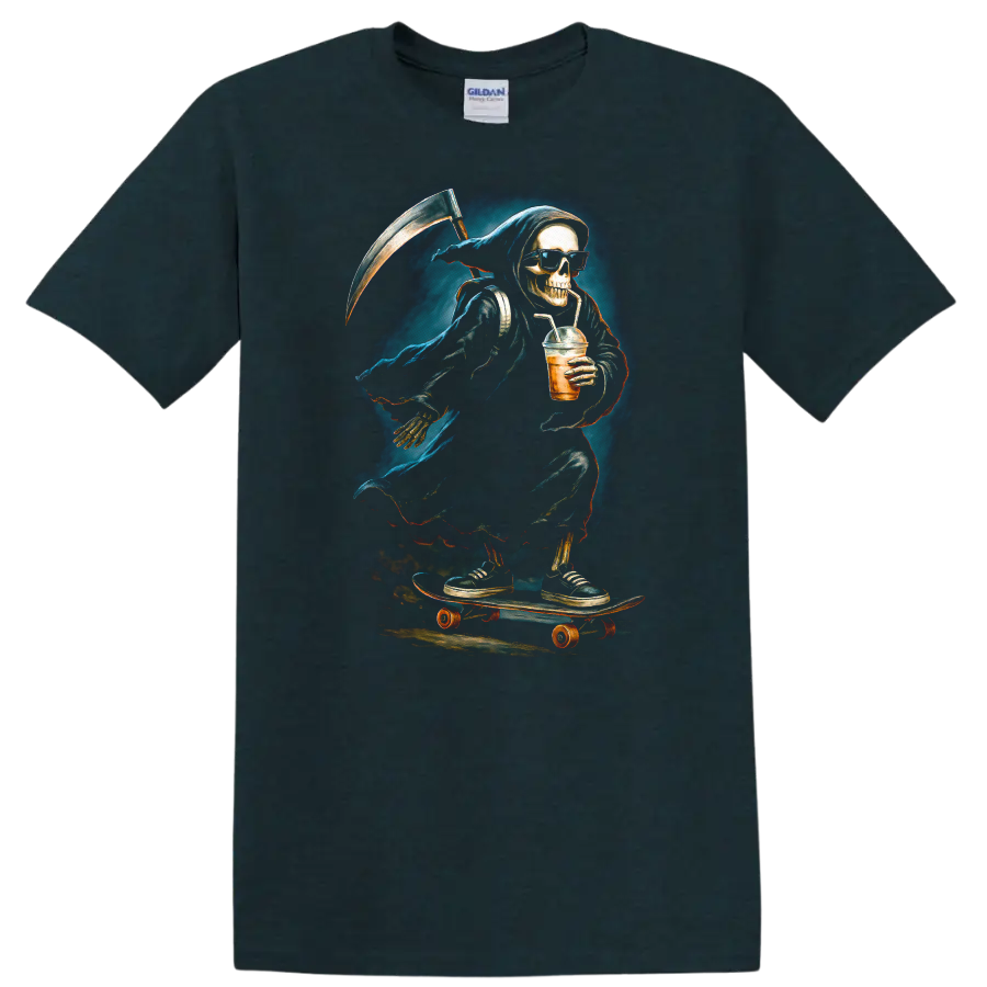Vintage gothic Grim Reaper skeleton in sunglasses skating with a scythe and iced drink on a Midnight (Green) T Shirt