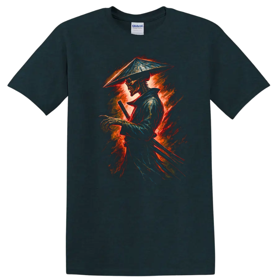 Fiery vintage-style skeleton samurai swordsman graphic in a conical hat on a Midnight (Green) T Shirt
