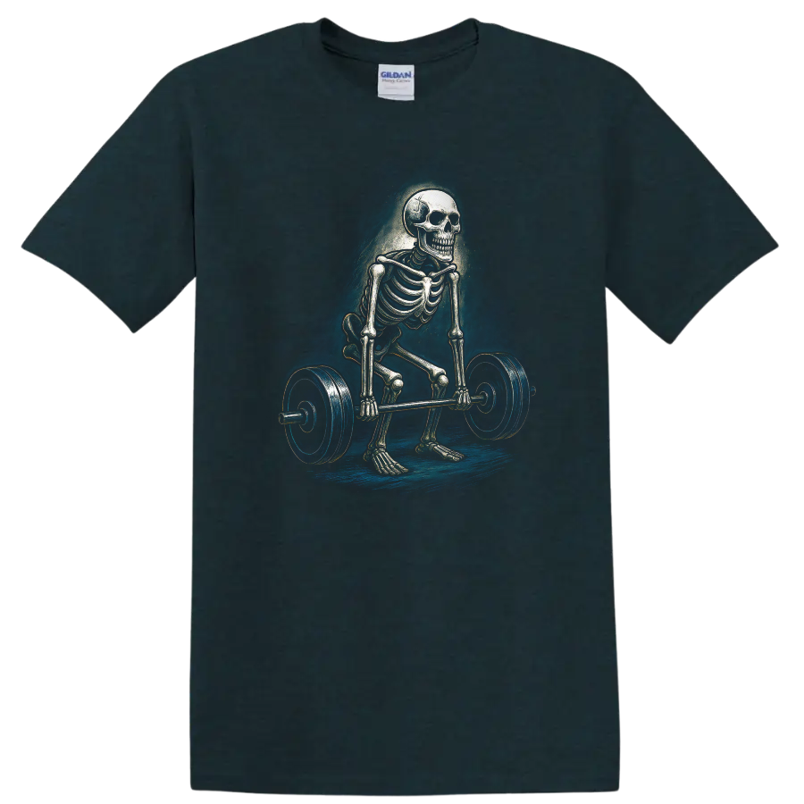 Vintage gothic skeleton performing a barbell deadlift graphic on a Midnight (Green) T Shirt