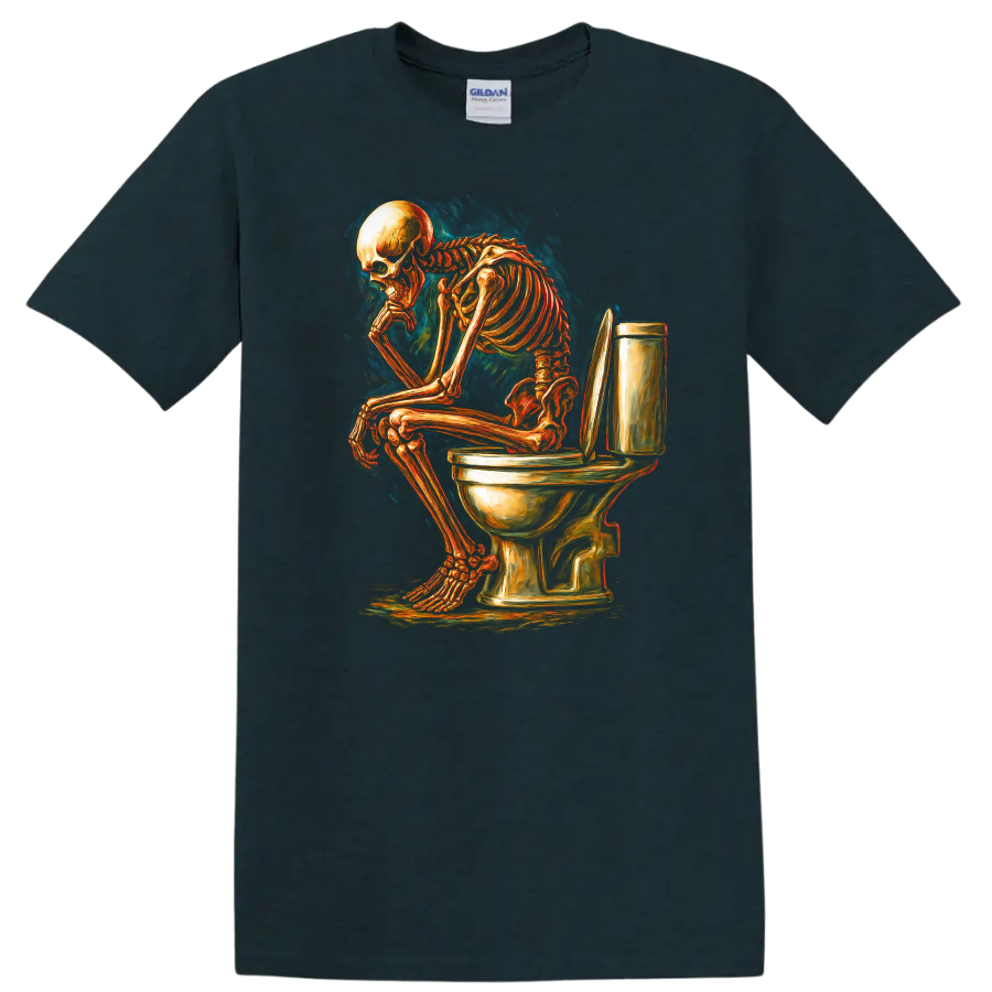Vintage gothic skeleton sitting on a toilet in detailed dark humor artwork on a Midnight (Green) T Shirt