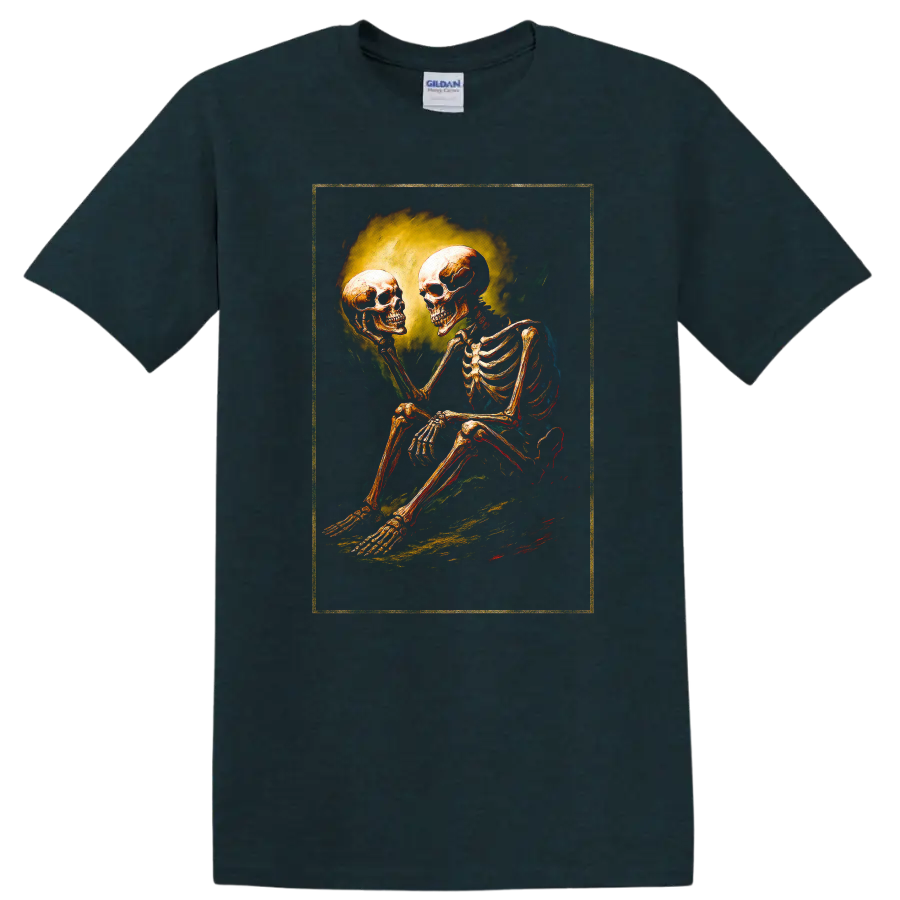 Vintage gothic skeleton holding a skull in a moody dark art illustration on a Midnight (Green) T Shirt