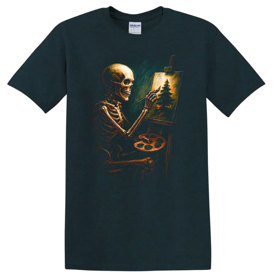 Vintage gothic skeleton artist painting an evergreen forest on an easel on a Midnight (Green) T Shirt